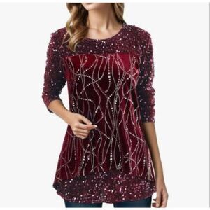 Women’s Burgundy Velvet Sequin Holiday Top L Long Sleeve Party Blouse